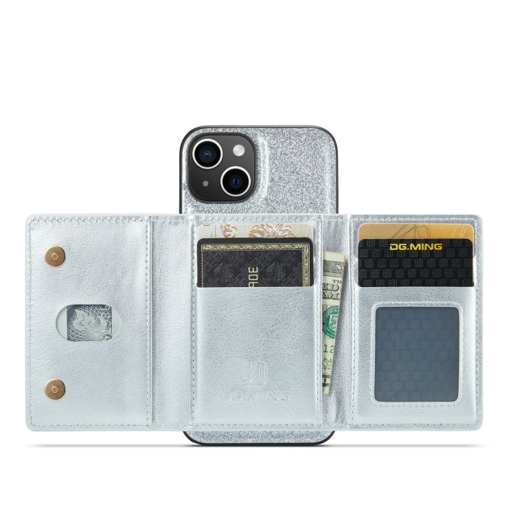 For iPhone 14 Plus DG.MING M3 Series Glitter Powder Card Bag Leather Case(Silver) - iPhone 14 Plus Cases by DG.MING | Online Shopping UK | buy2fix