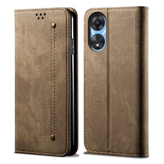 For OPPO A58 5G / A58x / A78 5G Denim Texture Leather Phone Case(Khaki) - OPPO Cases by buy2fix | Online Shopping UK | buy2fix