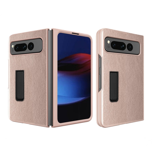 For Google Pixel Fold Litchi Texture Integrated Shockproof Phone Case with Holder(Gold) - Google Cases by buy2fix | Online Shopping UK | buy2fix