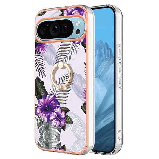 For Google Pixel 9 / 9 Pro Electroplating IMD TPU Phone Case with Ring(Purple Flower) - Google Cases by buy2fix | Online Shopping UK | buy2fix