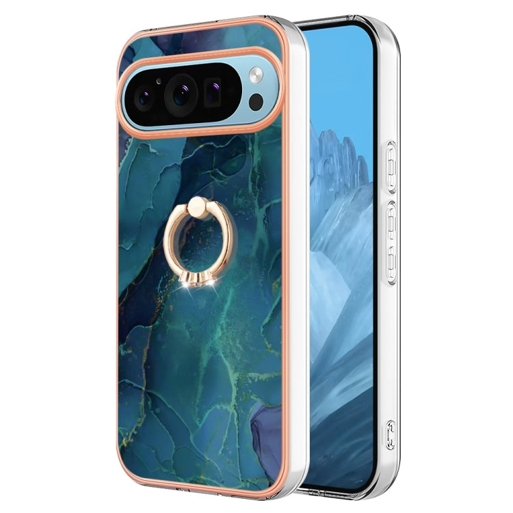 For Google Pixel 9 / 9 Pro Electroplating Marble Dual-side IMD Phone Case with Ring(Green 017) - Google Cases by buy2fix | Online Shopping UK | buy2fix