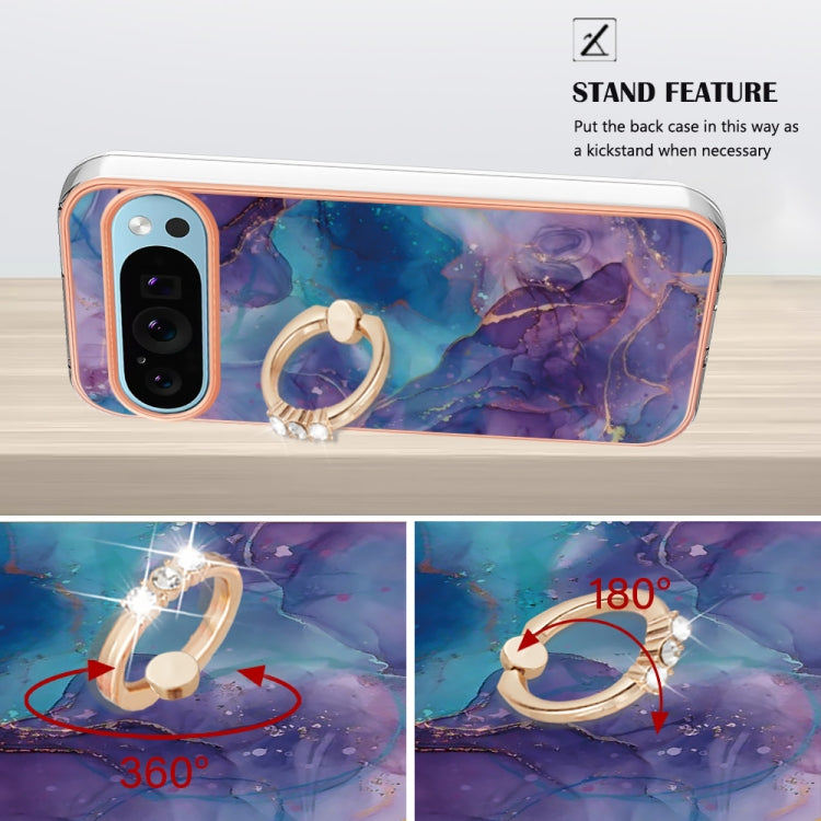 For Google Pixel 9 Pro XL Electroplating Marble Dual-side IMD Phone Case with Ring(Purple 016) - Google Cases by buy2fix | Online Shopping UK | buy2fix