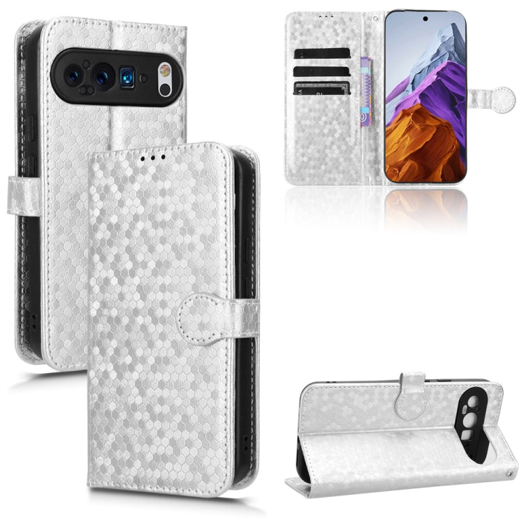 For Google Pixel 9 Pro Honeycomb Dot Texture Leather Phone Case(Silver) - Google Cases by buy2fix | Online Shopping UK | buy2fix