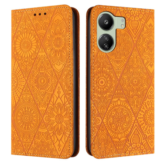 For Xiaomi Redmi 13C Ethnic Embossed Adsorption Leather Phone Case(Yellow) - 13C Cases by buy2fix | Online Shopping UK | buy2fix