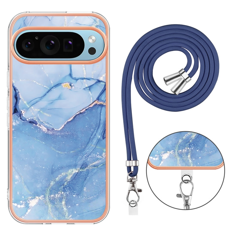 For Google Pixel 9 / 9 Pro Electroplating Marble Dual-side IMD Phone Case with Lanyard(Blue 018) - Google Cases by buy2fix | Online Shopping UK | buy2fix