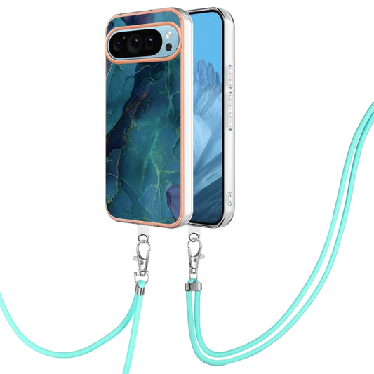 For Google Pixel 9 / 9 Pro Electroplating Marble Dual-side IMD Phone Case with Lanyard(Green 017) - Google Cases by buy2fix | Online Shopping UK | buy2fix