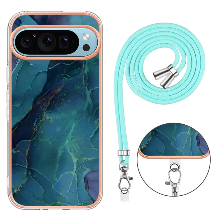 For Google Pixel 9 / 9 Pro Electroplating Marble Dual-side IMD Phone Case with Lanyard(Green 017) - Google Cases by buy2fix | Online Shopping UK | buy2fix