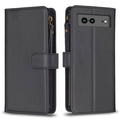 For Google Pixel 7a 9 Card Slots Zipper Wallet Leather Flip Phone Case(Black) - Google Cases by buy2fix | Online Shopping UK | buy2fix