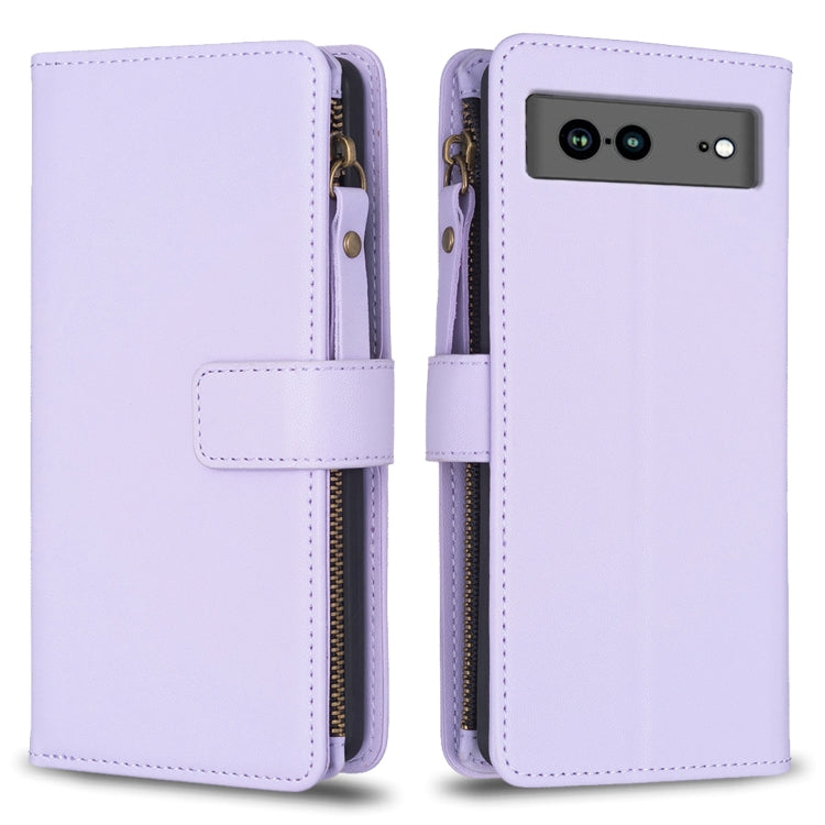 For Google Pixel 7a 9 Card Slots Zipper Wallet Leather Flip Phone Case(Light Purple) - Google Cases by buy2fix | Online Shopping UK | buy2fix