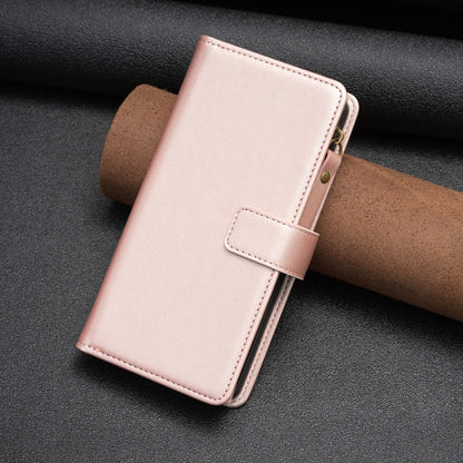 For iPhone 16 Pro 9 Card Slots Zipper Wallet Leather Flip Phone Case(Rose Gold) - iPhone 16 Pro Cases by buy2fix | Online Shopping UK | buy2fix