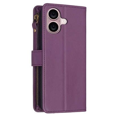 For iPhone 16 Plus 9 Card Slots Zipper Wallet Leather Flip Phone Case(Dark Purple) - iPhone 16 Plus Cases by buy2fix | Online Shopping UK | buy2fix