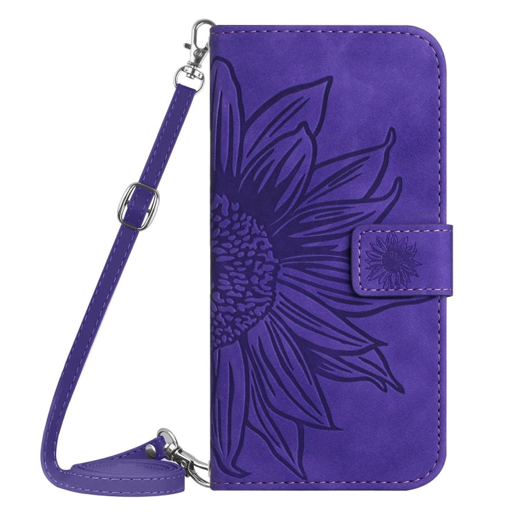 For iPhone 16 Pro Max Skin Feel Sun Flower Embossed Flip Leather Phone Case with Lanyard(Dark Purple) - iPhone 16 Pro Max Cases by buy2fix | Online Shopping UK | buy2fix