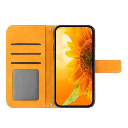 For iPhone 16 Plus Skin Feel Sun Flower Embossed Flip Leather Phone Case with Lanyard(Yellow) - iPhone 16 Plus Cases by buy2fix | Online Shopping UK | buy2fix