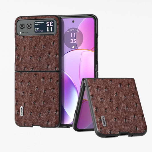 For Motorola Razr 40 ABEEL Genuine Leather Ostrich Texture Phone Case(Coffee) - Motorola Cases by buy2fix | Online Shopping UK | buy2fix