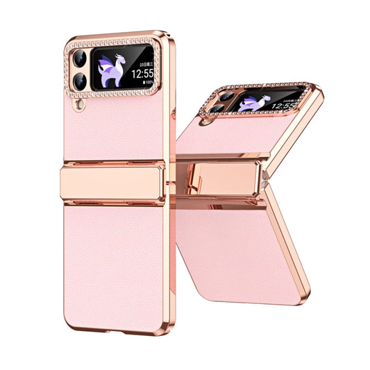 For Samsung Galaxy Z Flip3 5G Plated Plain Leather Folding Phone Case with Hinge(Pink) - Galaxy Phone Cases by buy2fix | Online Shopping UK | buy2fix