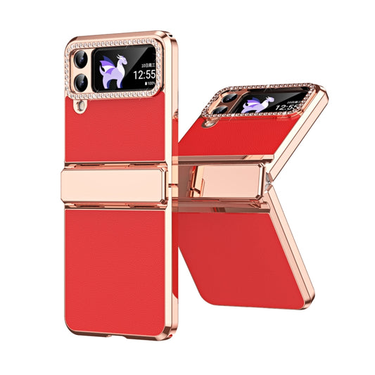 For Samsung Galaxy Z Flip3 5G Plated Plain Leather Folding Phone Case with Hinge(Red) - Galaxy Phone Cases by buy2fix | Online Shopping UK | buy2fix