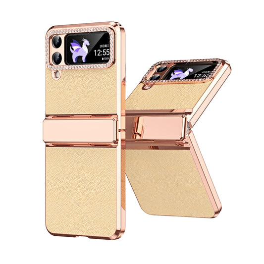 For Samsung Galaxy Z Flip3 5G Plated Plain Leather Folding Phone Case with Hinge(Gold) - Galaxy Phone Cases by buy2fix | Online Shopping UK | buy2fix