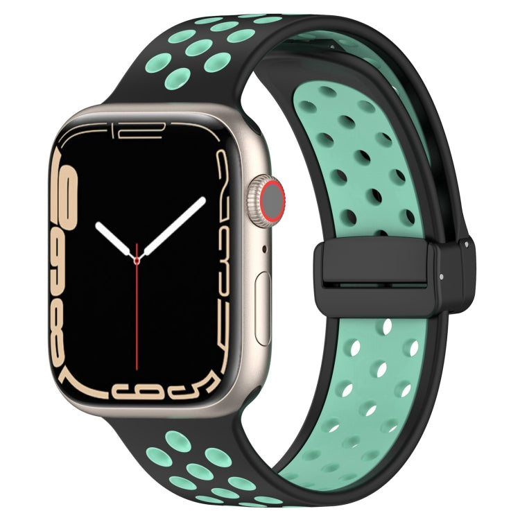 For Apple Watch 3 42mm Magnetic Buckle Silicone Watch Band(Black Cyan) - Watch Bands by buy2fix | Online Shopping UK | buy2fix