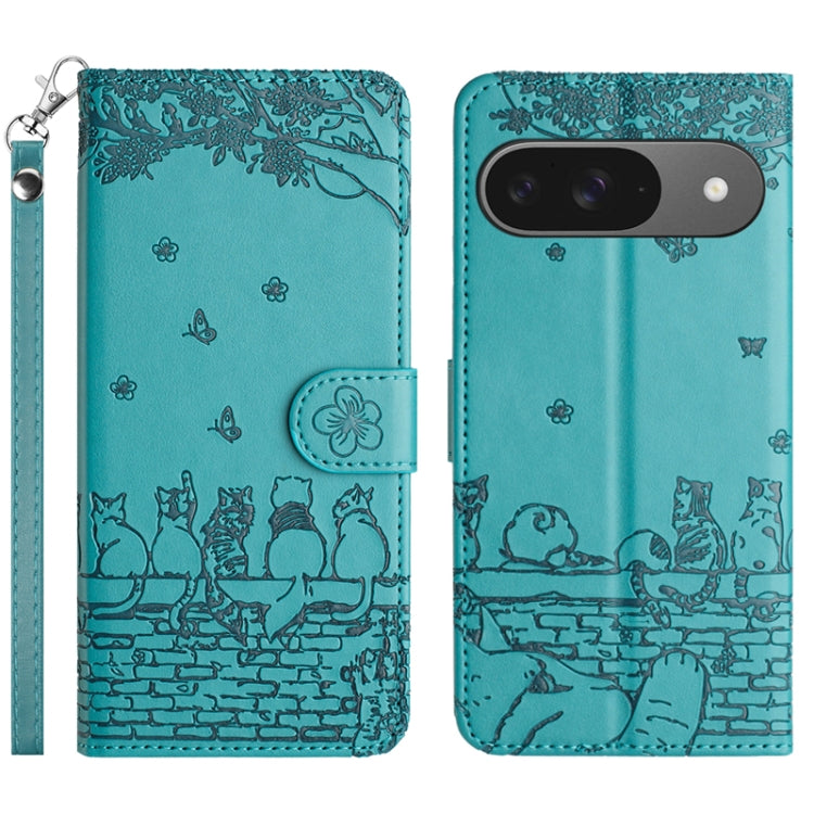 For Google Pixel 9 / 9 Pro Cat Embossing Pattern Leather Phone Case with Lanyard(Blue) - Google Cases by buy2fix | Online Shopping UK | buy2fix