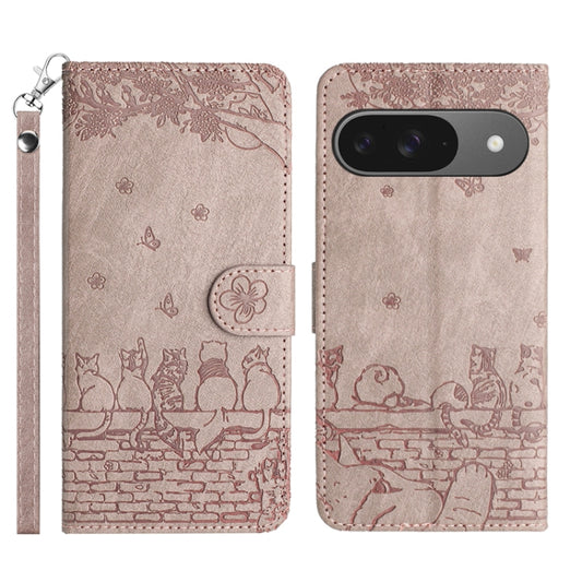 For Google Pixel 9 / 9 Pro Cat Embossing Pattern Leather Phone Case with Lanyard(Grey) - Google Cases by buy2fix | Online Shopping UK | buy2fix