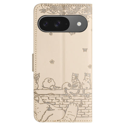 For Google Pixel 9 / 9 Pro Cat Embossing Pattern Leather Phone Case with Lanyard(Beige) - Google Cases by buy2fix | Online Shopping UK | buy2fix