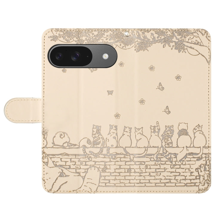 For Google Pixel 9 / 9 Pro Cat Embossing Pattern Leather Phone Case with Lanyard(Beige) - Google Cases by buy2fix | Online Shopping UK | buy2fix