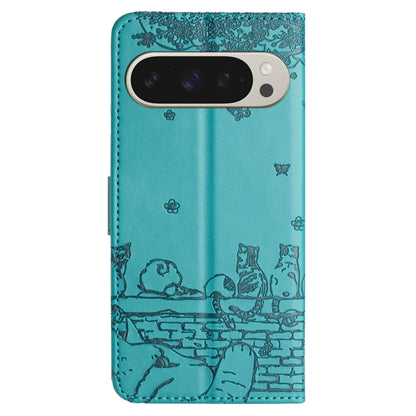 For Google Pixel 9 Pro XL Cat Embossing Pattern Leather Phone Case with Lanyard(Blue) - Google Cases by buy2fix | Online Shopping UK | buy2fix