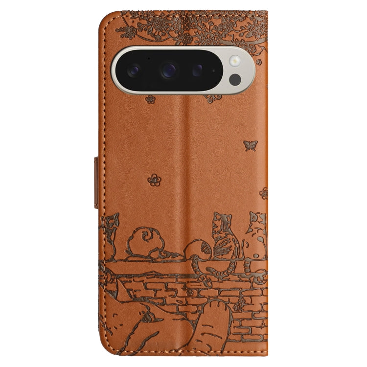 For Google Pixel 9 Pro XL Cat Embossing Pattern Leather Phone Case with Lanyard(Brown) - Google Cases by buy2fix | Online Shopping UK | buy2fix