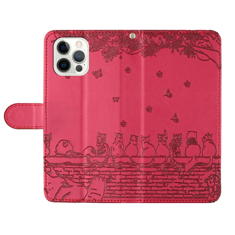 For iPhone 16 Pro Cat Embossing Pattern Leather Phone Case with Lanyard(Red) - iPhone 16 Pro Cases by buy2fix | Online Shopping UK | buy2fix