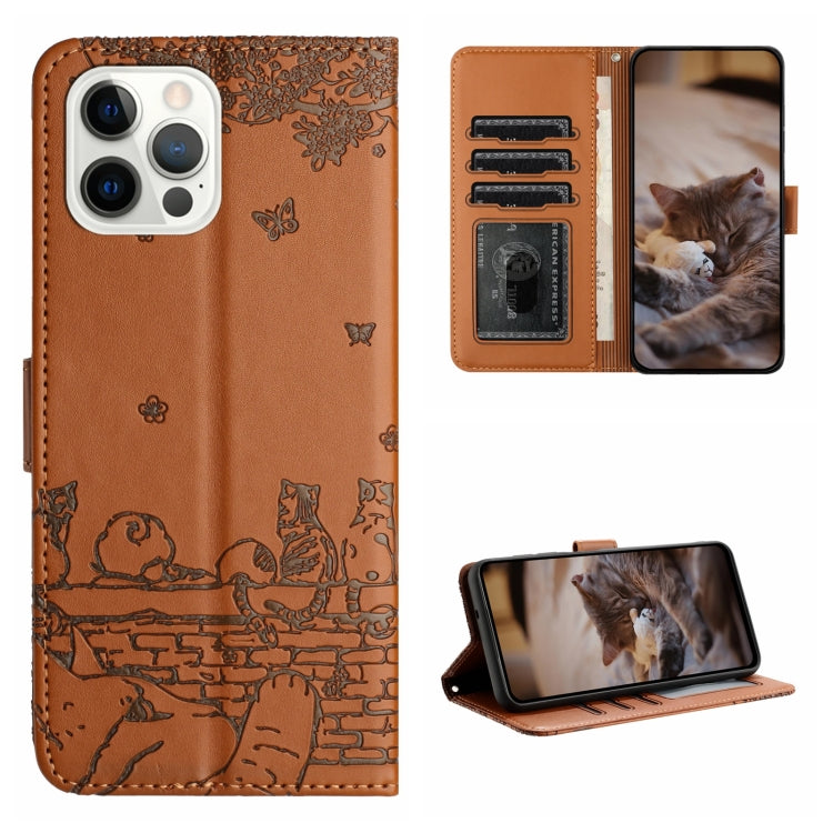 For iPhone 16 Pro Cat Embossing Pattern Leather Phone Case with Lanyard(Brown) - iPhone 16 Pro Cases by buy2fix | Online Shopping UK | buy2fix