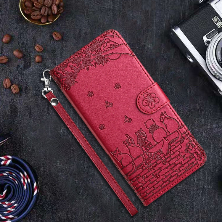 For iPhone 16 Plus Cat Embossing Pattern Leather Phone Case with Lanyard(Red) - iPhone 16 Plus Cases by buy2fix | Online Shopping UK | buy2fix