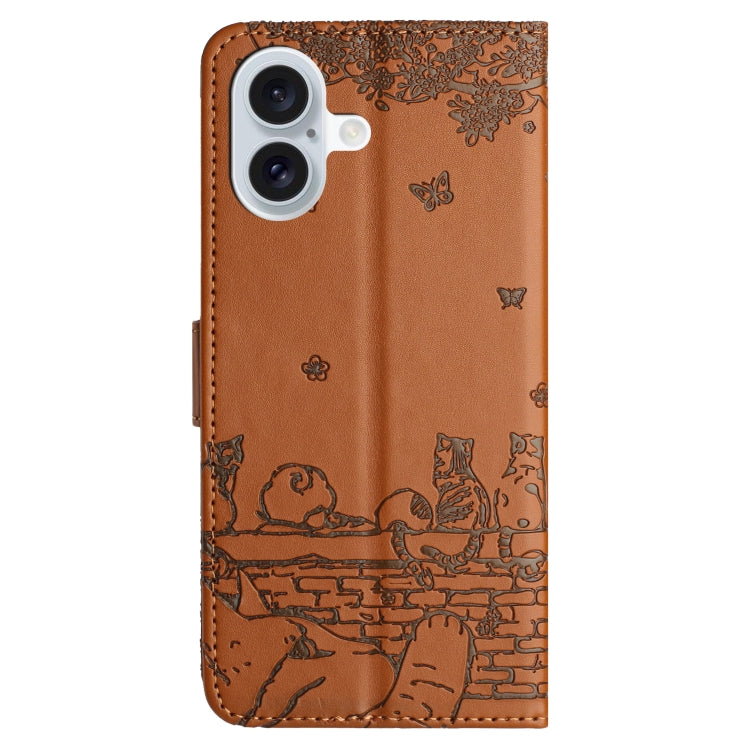 For iPhone 16 Plus Cat Embossing Pattern Leather Phone Case with Lanyard(Brown) - iPhone 16 Plus Cases by buy2fix | Online Shopping UK | buy2fix