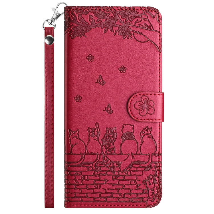 For iPhone 16 Cat Embossing Pattern Leather Phone Case with Lanyard(Red) - iPhone 16 Cases by buy2fix | Online Shopping UK | buy2fix