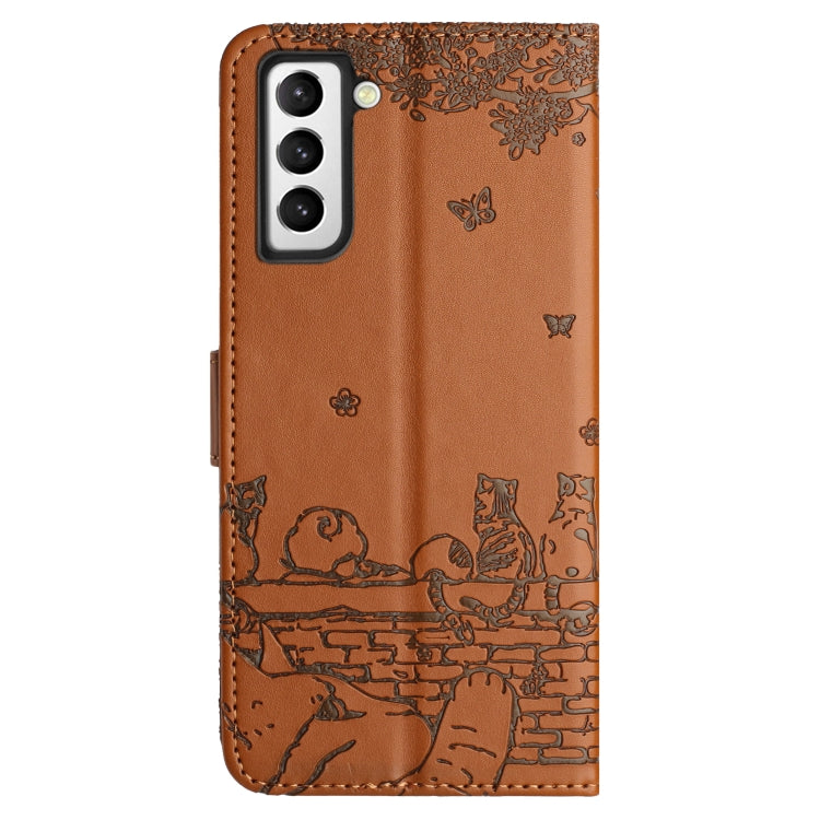 For Samsung Galaxy S21+ Cat Embossing Pattern Leather Phone Case with Lanyard(Brown) - Galaxy S21+ 5G Cases by buy2fix | Online Shopping UK | buy2fix
