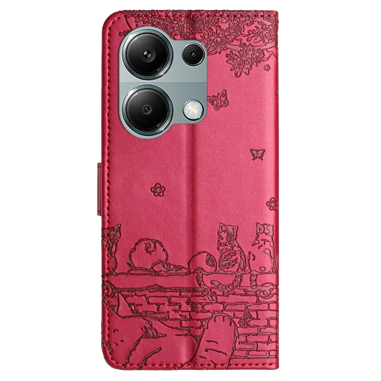 For Xiaomi Poco M6 Pro 4G Cat Embossing Pattern Leather Phone Case with Lanyard(Red) - Xiaomi Cases by buy2fix | Online Shopping UK | buy2fix