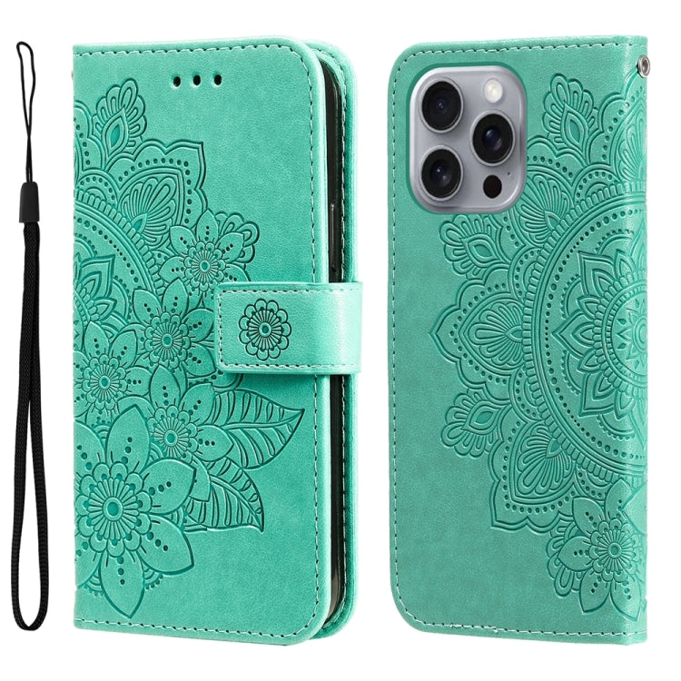 For iPhone 16 Pro Max 7-petal Flowers Embossing Leather Phone Case(Green) - iPhone 16 Pro Max Cases by buy2fix | Online Shopping UK | buy2fix