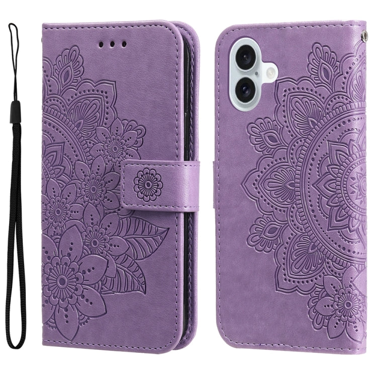 For iPhone 16 Plus 7-petal Flowers Embossing Leather Phone Case(Light Purple) - iPhone 16 Plus Cases by buy2fix | Online Shopping UK | buy2fix