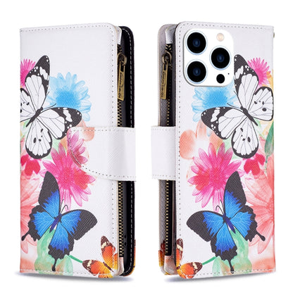 For iPhone 16 Pro Colored Drawing Pattern Zipper Phone Leather Case(Two Butterflies) - iPhone 16 Pro Cases by buy2fix | Online Shopping UK | buy2fix