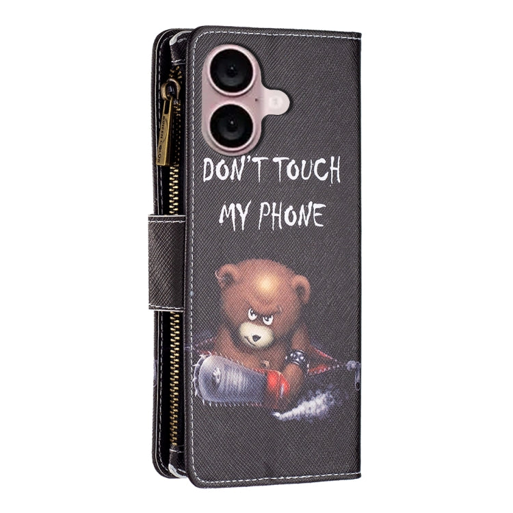 For iPhone 16 Colored Drawing Pattern Zipper Phone Leather Case(Bear) - iPhone 16 Cases by buy2fix | Online Shopping UK | buy2fix