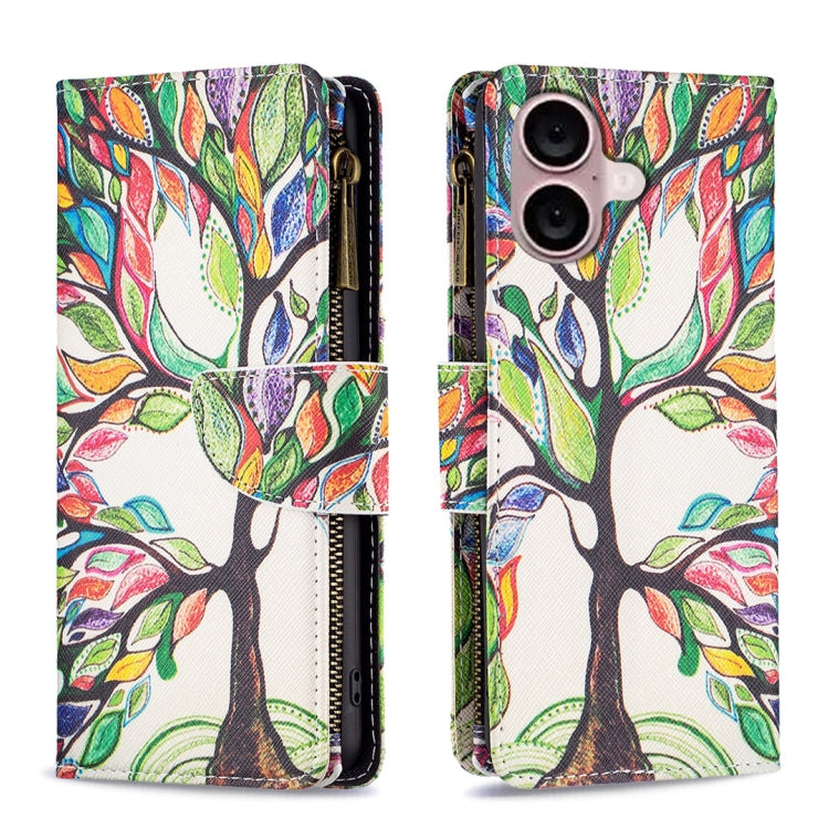 For iPhone 16 Colored Drawing Pattern Zipper Phone Leather Case(Tree) - iPhone 16 Cases by buy2fix | Online Shopping UK | buy2fix