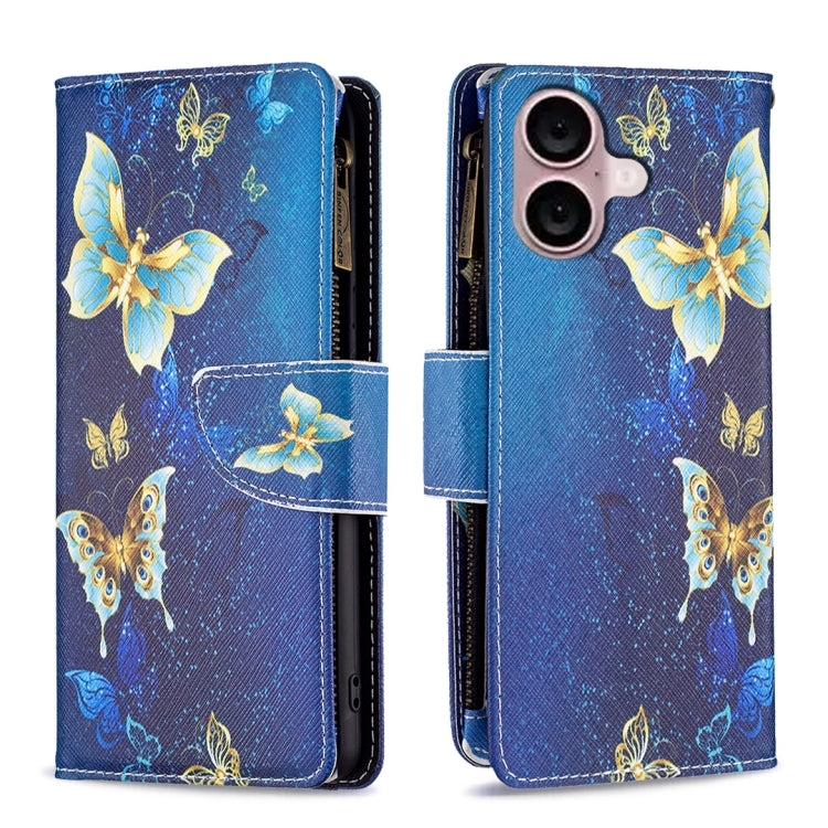 For iPhone 16 Plus Colored Drawing Pattern Zipper Phone Leather Case(Gold Butterfly) - iPhone 16 Plus Cases by buy2fix | Online Shopping UK | buy2fix