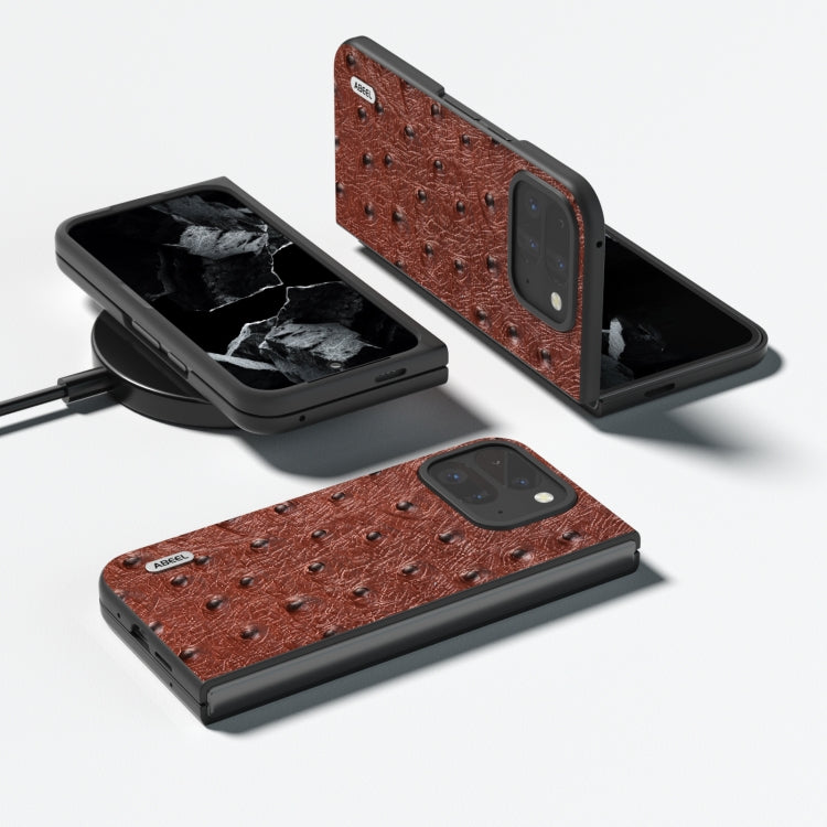 For Google Pixel 9 Pro Fold ABEEL Genuine Leather Ostrich Texture Phone Case(Coffee) - Google Cases by buy2fix | Online Shopping UK | buy2fix