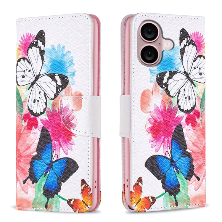 For iPhone 16 Colored Drawing Pattern Leather Phone Case(Butterflies) - iPhone 16 Cases by buy2fix | Online Shopping UK | buy2fix