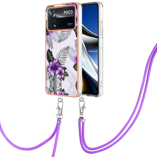 For Xiaomi Poco X4 Pro 5G Electroplating IMD TPU Phone Case with Lanyard(Purple Flower) - Xiaomi Cases by buy2fix | Online Shopping UK | buy2fix