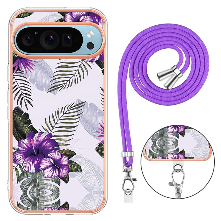 For Google Pixel 9 Pro XL Electroplating IMD TPU Phone Case with Lanyard(Purple Flower) - Google Cases by buy2fix | Online Shopping UK | buy2fix