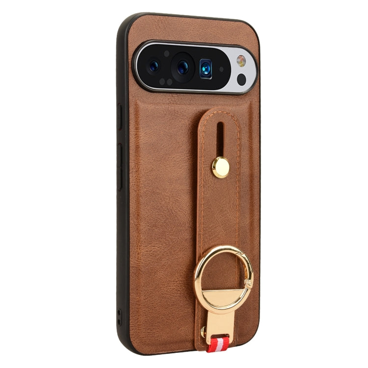 For Google Pixel 9 Pro Wristband Leather Back Phone Case(Brown) - Google Cases by buy2fix | Online Shopping UK | buy2fix