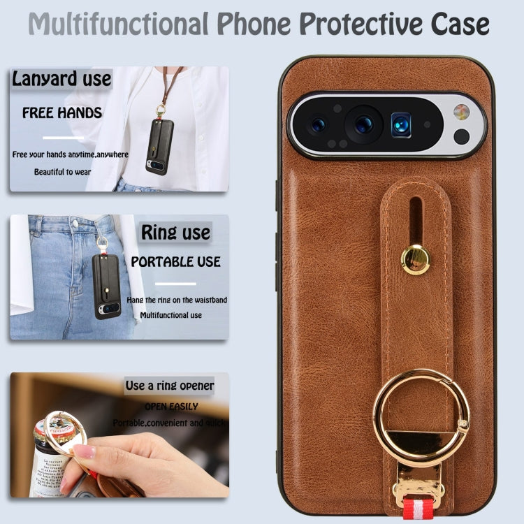 For Google Pixel 9 Pro Wristband Leather Back Phone Case(Brown) - Google Cases by buy2fix | Online Shopping UK | buy2fix