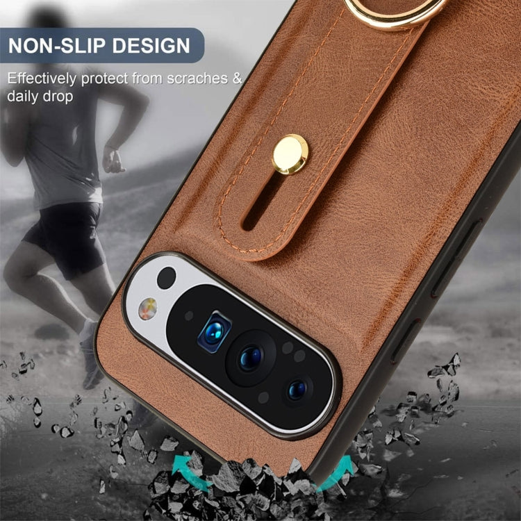 For Google Pixel 9 Pro Wristband Leather Back Phone Case(Brown) - Google Cases by buy2fix | Online Shopping UK | buy2fix