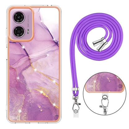 For Motorola Moto G04 4G / G24 4G Electroplating Marble Dual-side IMD Phone Case with Lanyard(Purple 001) - Motorola Cases by buy2fix | Online Shopping UK | buy2fix