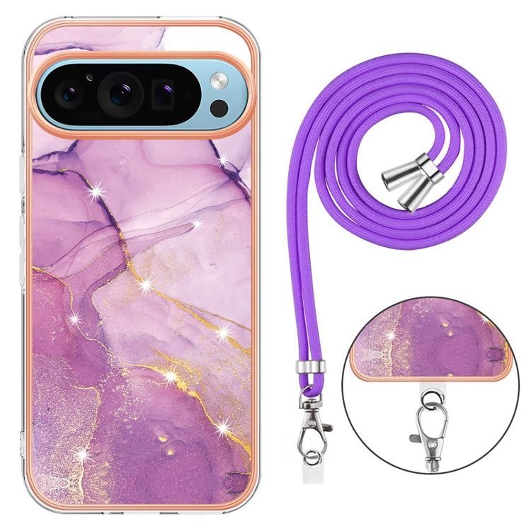 For Google Pixel 9 / 9 Pro Electroplating Marble Dual-side IMD Phone Case with Lanyard(Purple 001) - Google Cases by buy2fix | Online Shopping UK | buy2fix